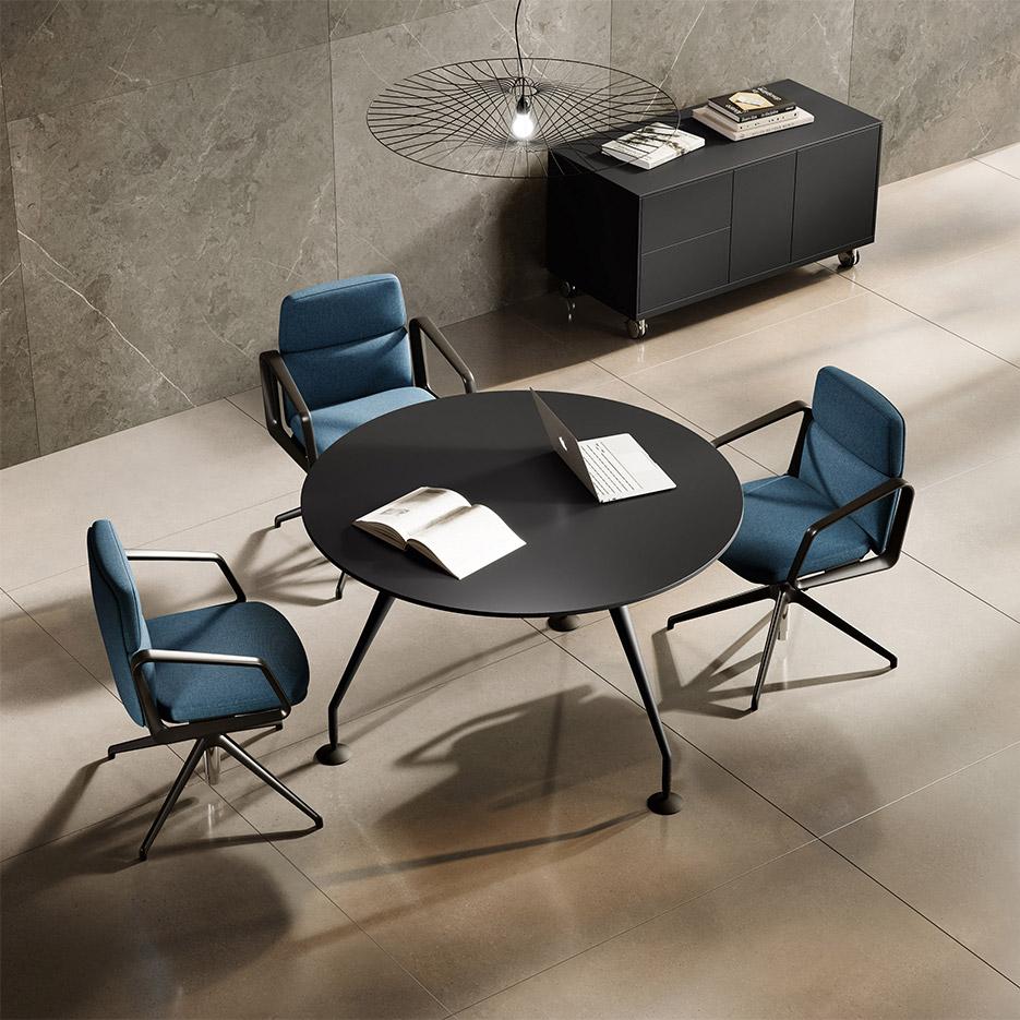 Table de réunion ronde plateau bois ou verre pieds satellites, gamme Muzelle round - France Bureau