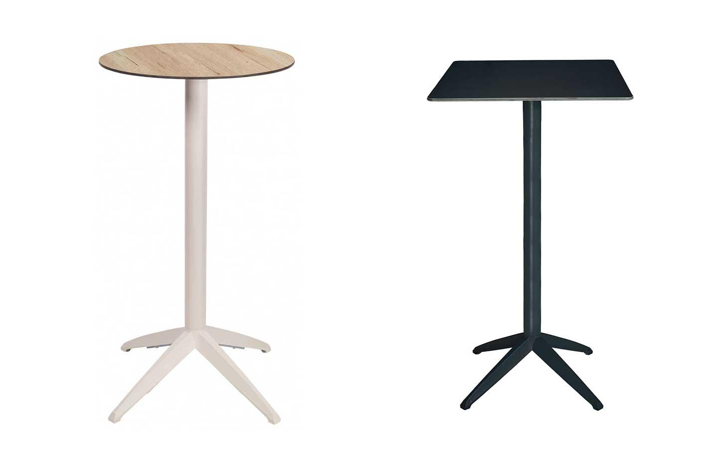 Table haute carrée ou ronde intérieur extérieur, plateau fixe piétement 4 branches - gamme natissa - france bureau	