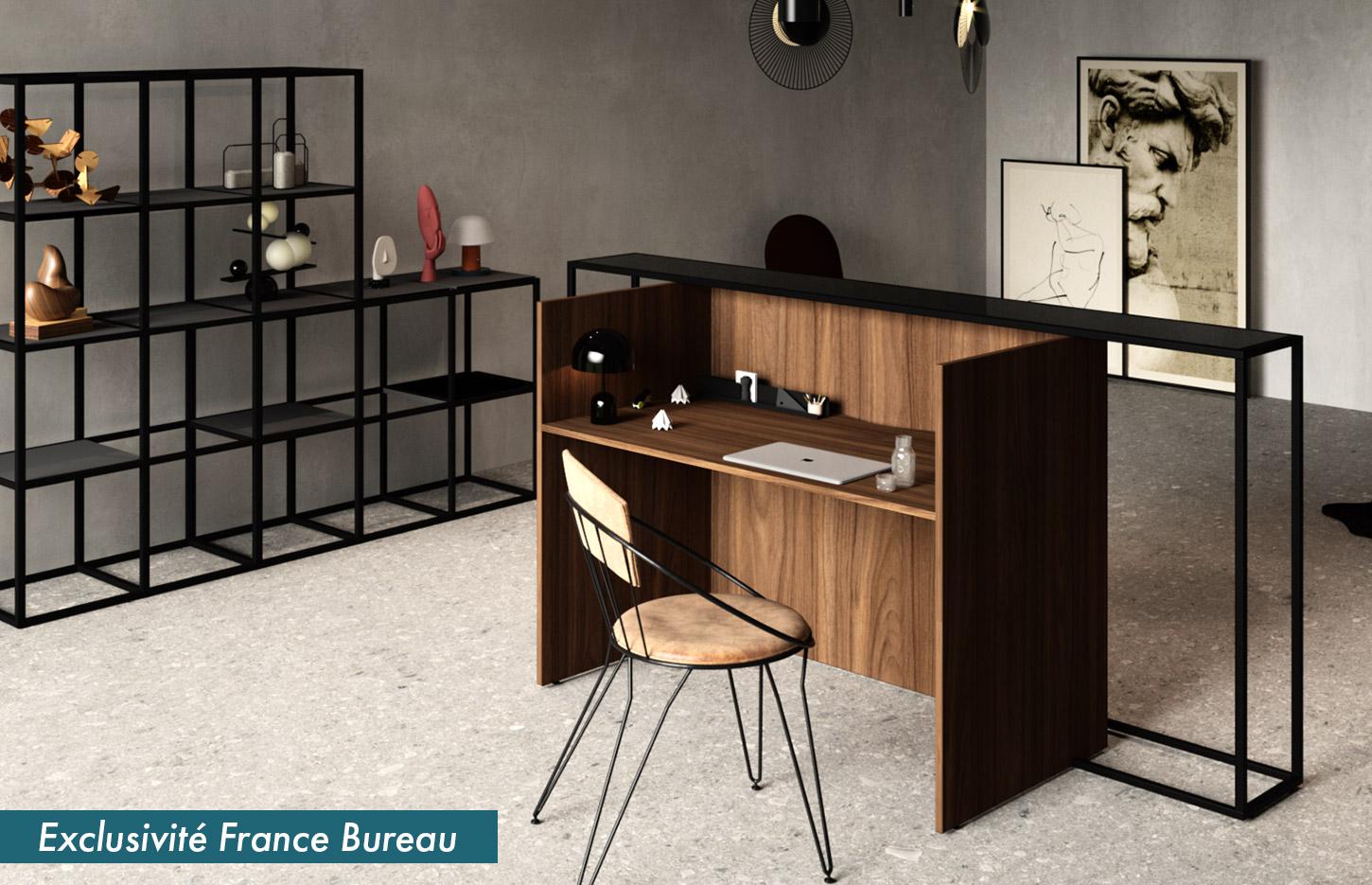 Banque et comptoir d\'accueil bois et métal, tablette d\'accueil en verre, gamme Nissiros - France Bureau
