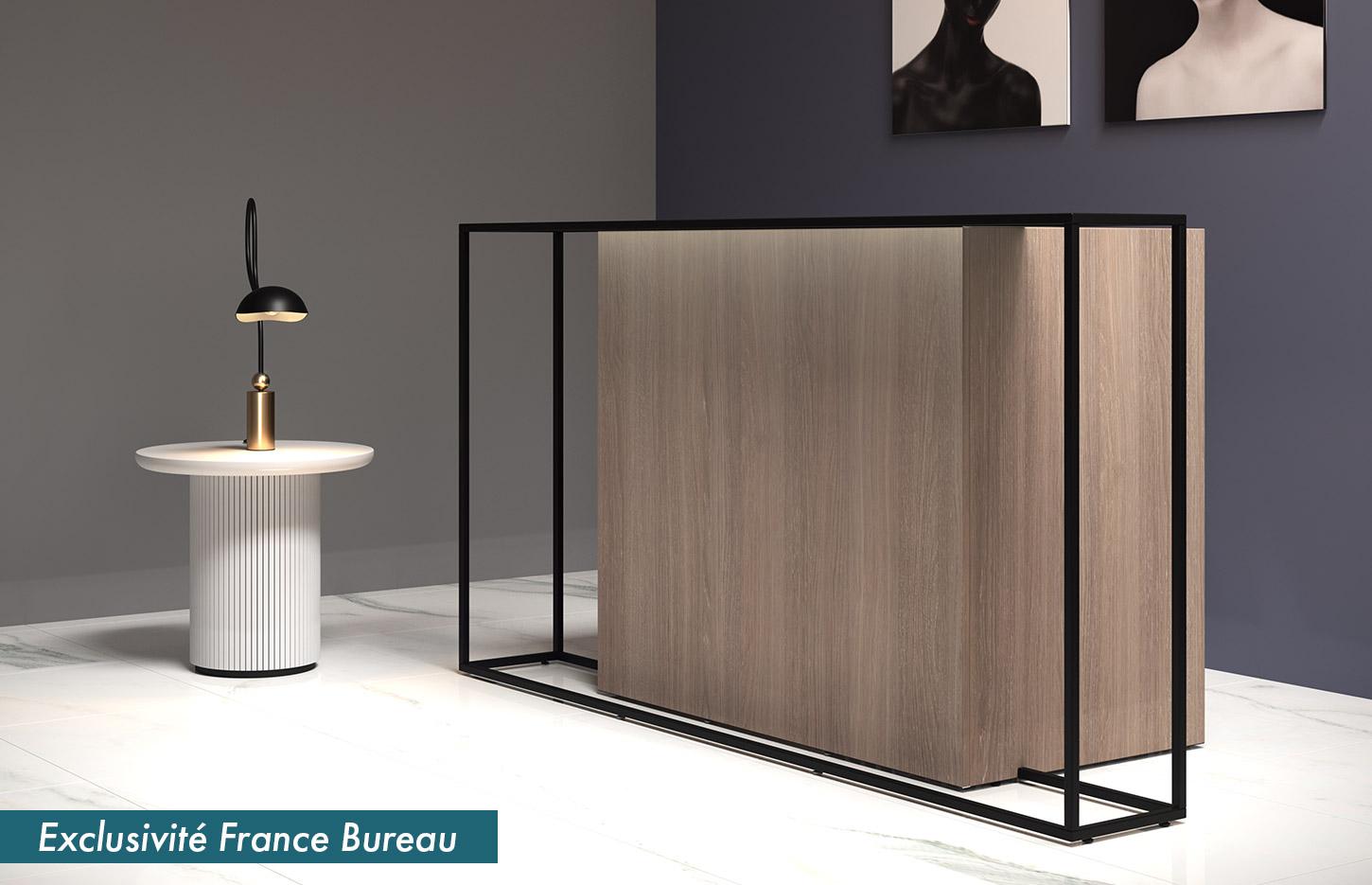 Banque et comptoir d\'accueil bois et métal, tablette d\'accueil en verre, gamme Nissiros - France Bureau