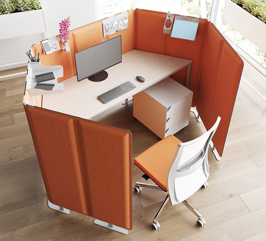 Cloison amovible bureau avec canapé table trapèze et table basse, gamme Pico Play - France Bureau