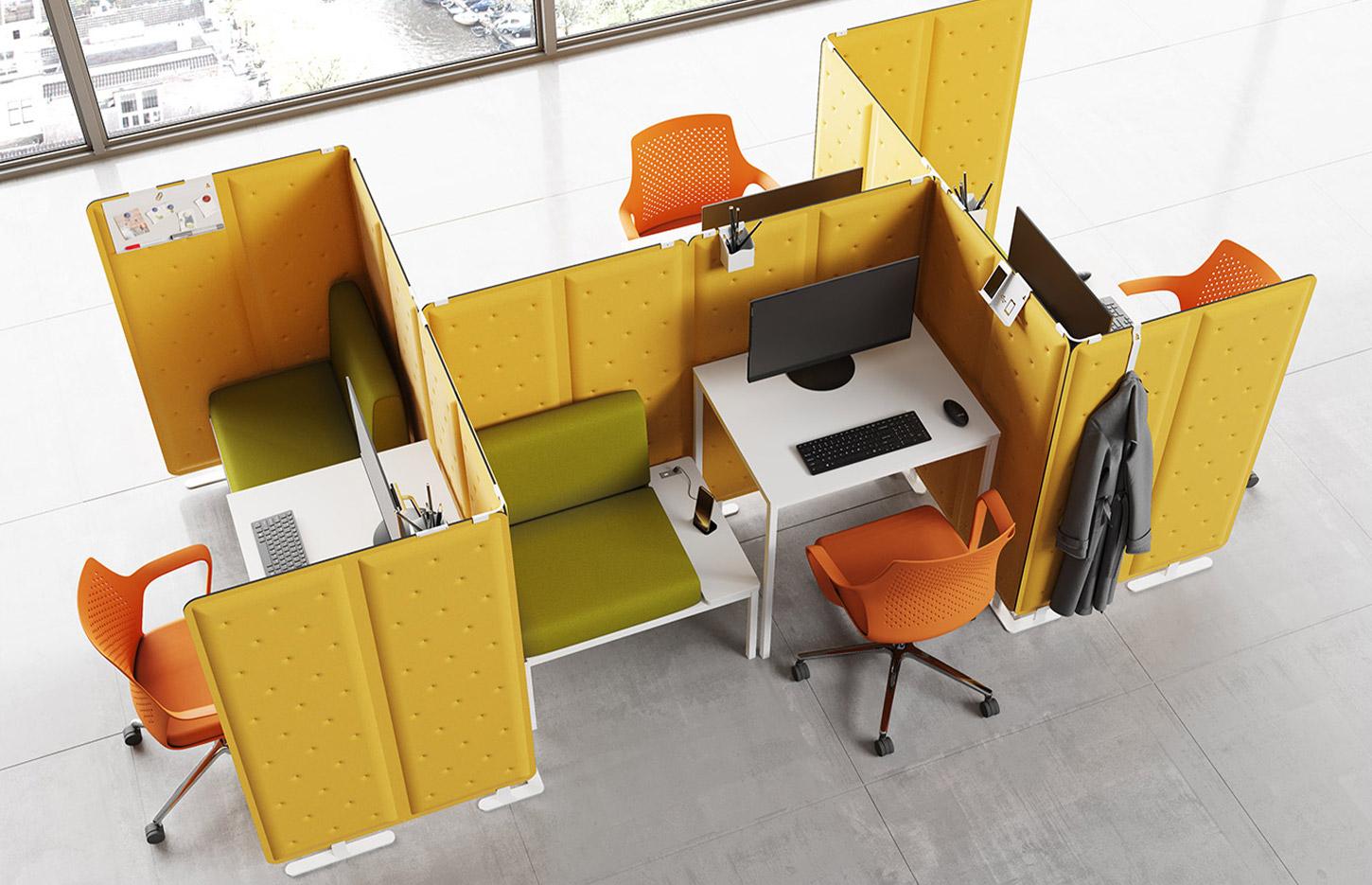 Cloison amovible bureau avec canapé table trapèze et table basse, gamme Pico Play - France Bureau