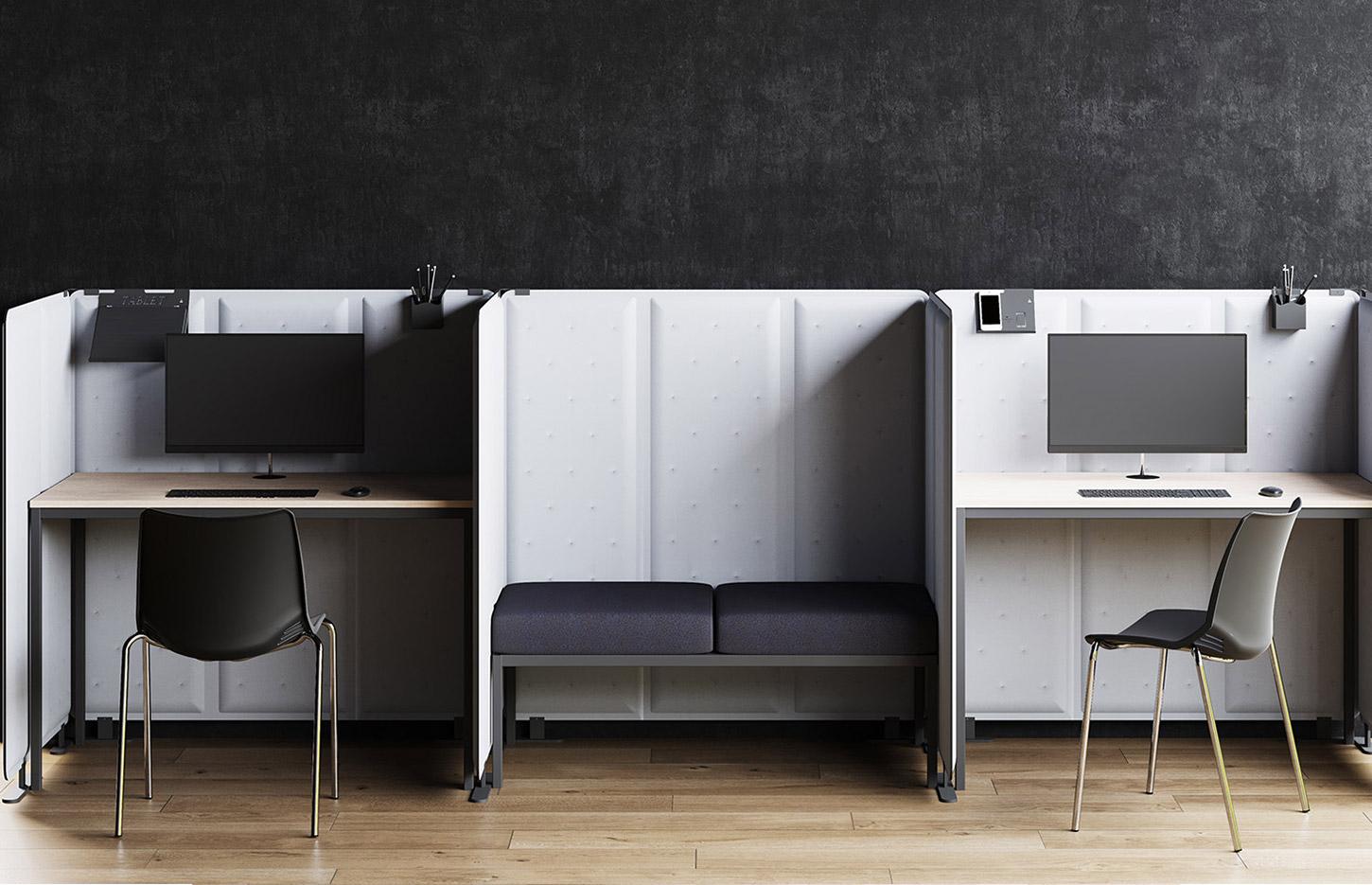 Cloison amovible bureau avec canapé table trapèze et table basse, gamme Pico Play - France Bureau