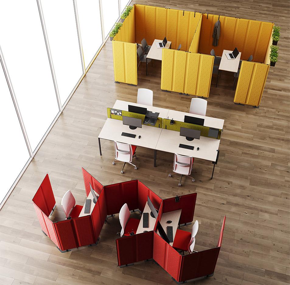 Cloison amovible bureau avec canapé table trapèze et table basse, gamme Pico Play - France Bureau