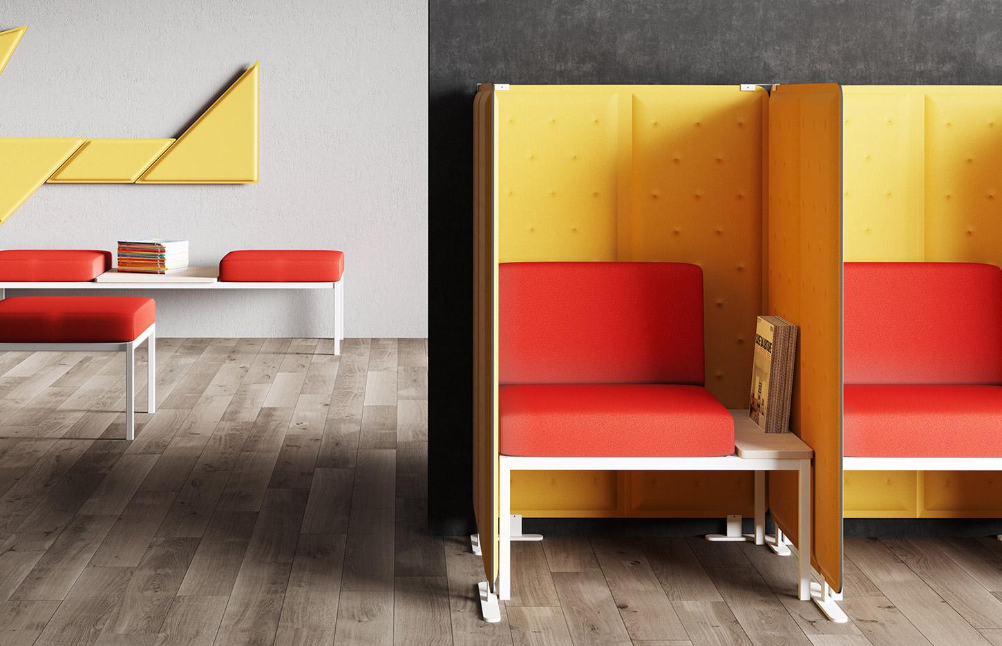 Cloison amovible bureau avec canapé table trapèze et table basse, gamme Pico Play - France Bureau