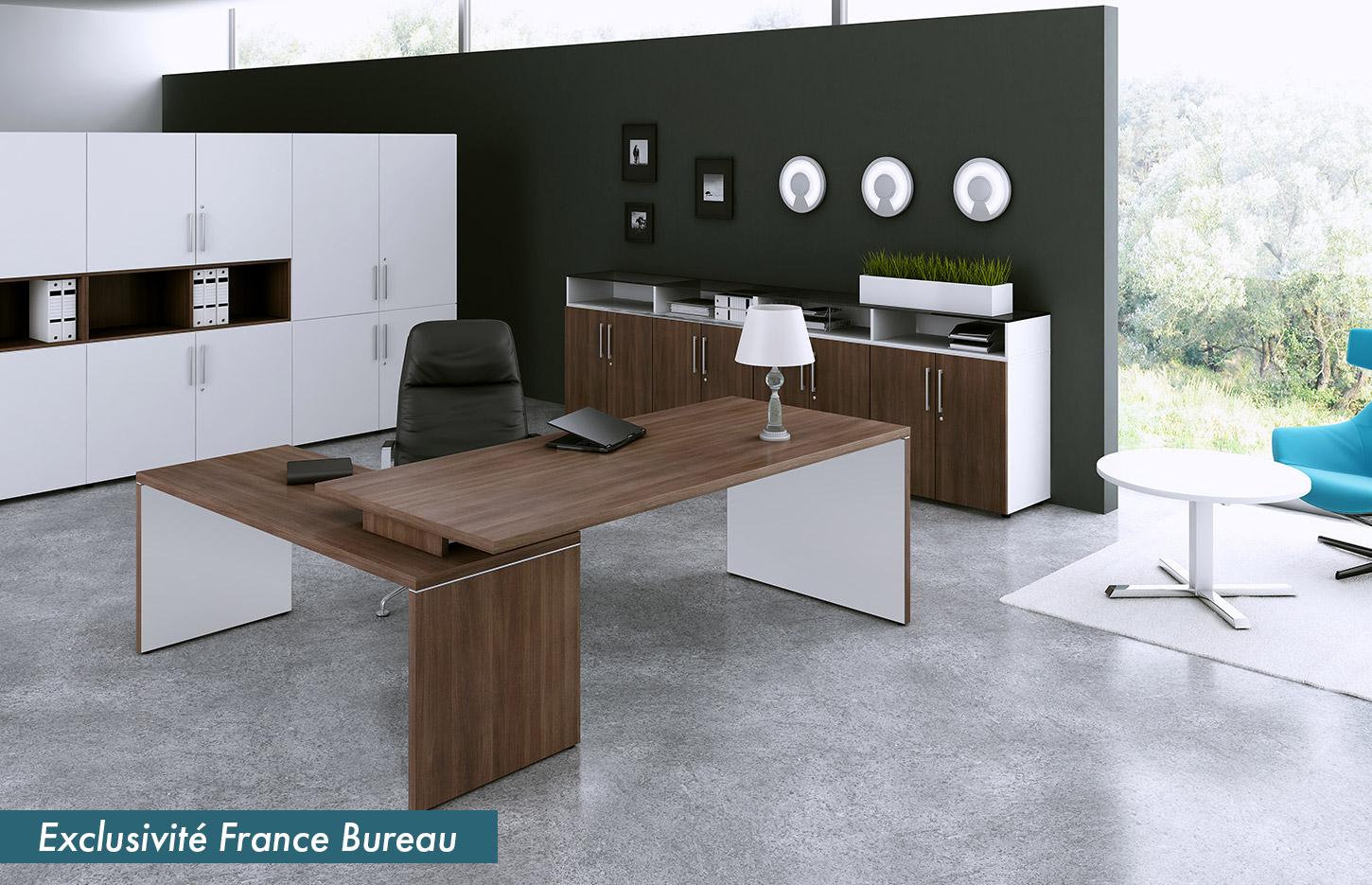 Bureau de direction en mélaminé bicolore, tables de réunion et rangements, gamme Poros - France Bureau