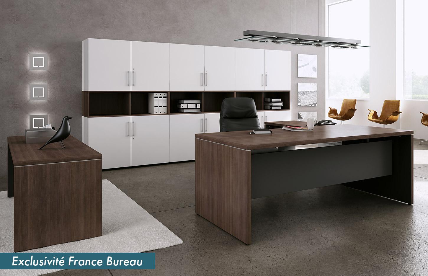 Bureau de direction en mélaminé bicolore, tables de réunion et rangements, gamme Poros - France Bureau