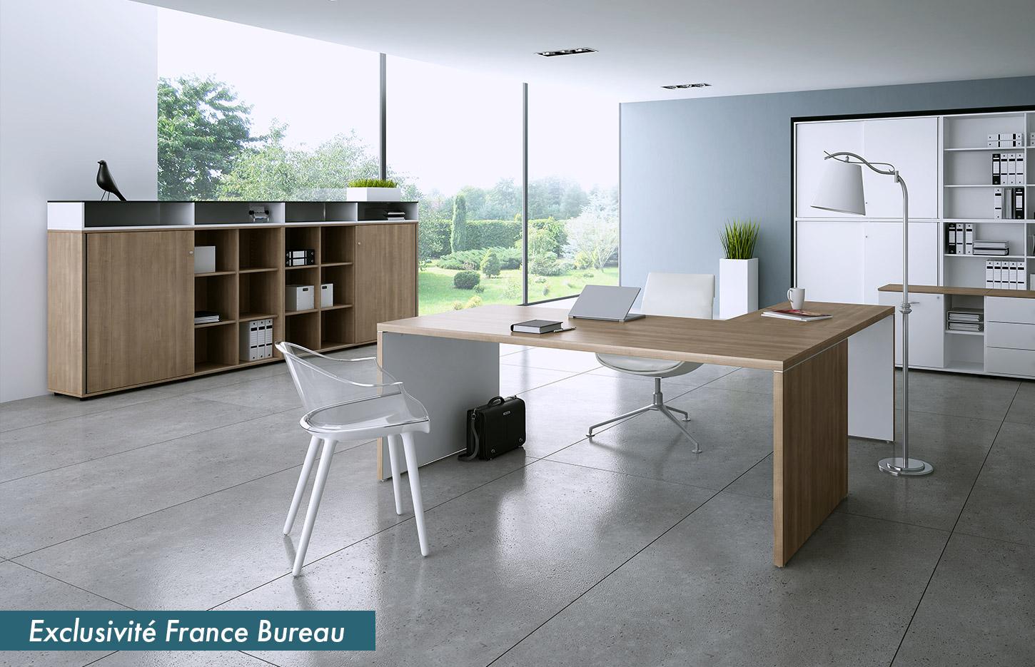 Bureau de direction en mélaminé bicolore, tables de réunion et rangements, gamme Poros - France Bureau