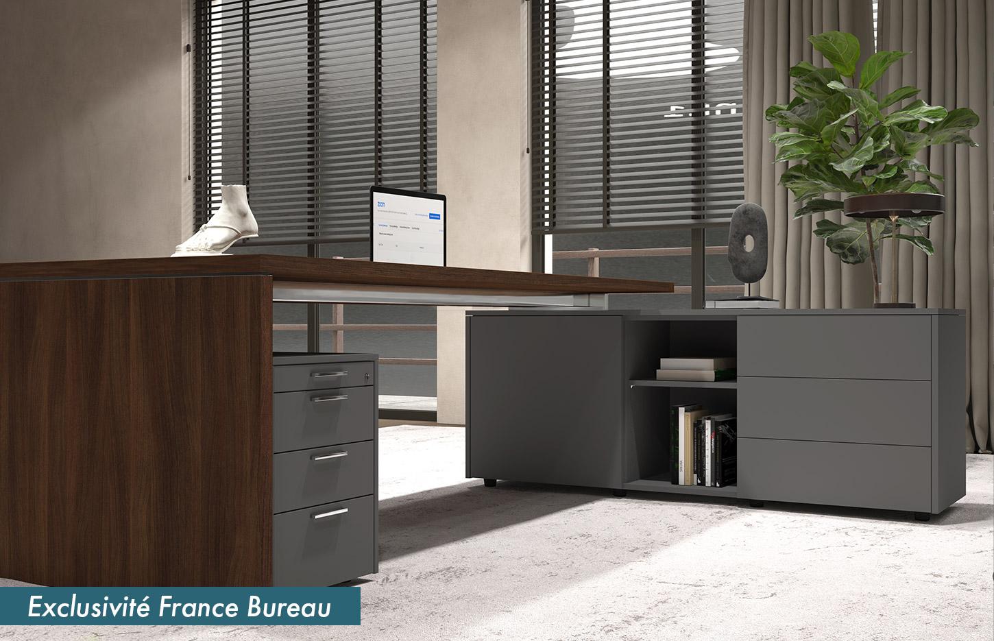 Bureau de direction en mélaminé bicolore, tables de réunion et rangements, gamme Poros - France Bureau