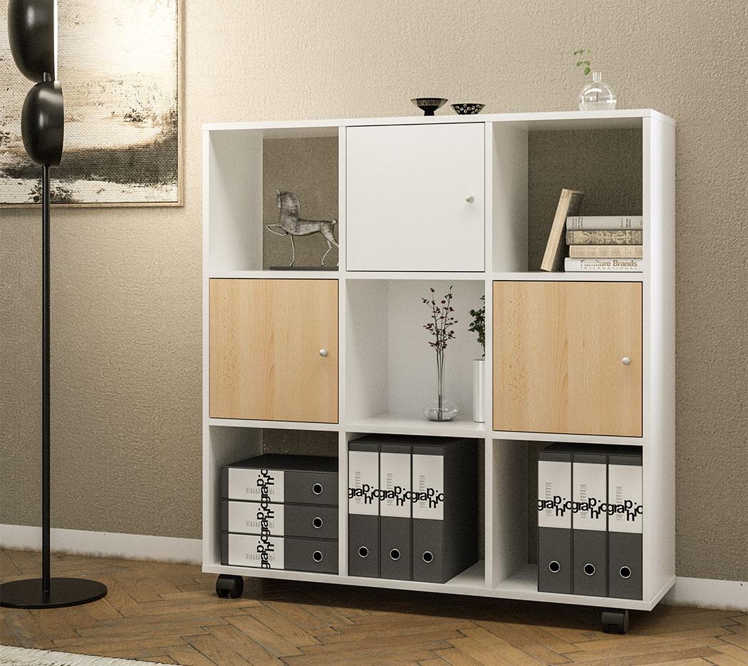 Meuble rangement à cases portes et tiroirs en mélaminé, gamme Salor - France Bureau