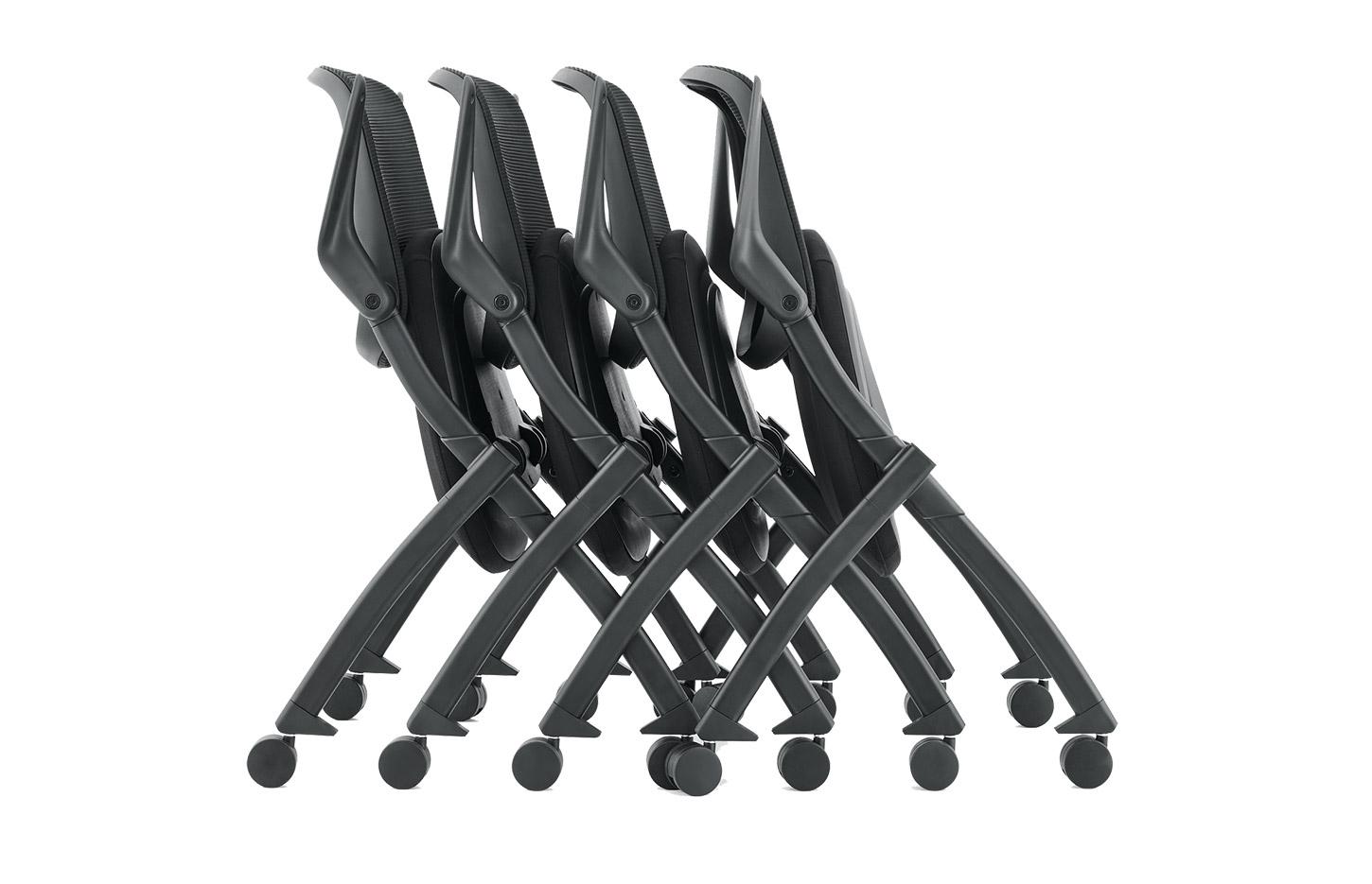 Siège sur roulettes empilable et encastrable avec assise tapissée rabattable et dossier résille - Gamme Soliat - France Bureau	