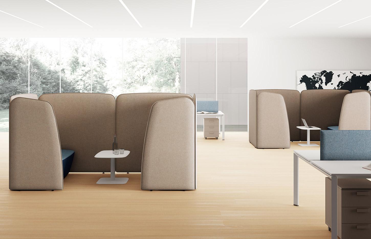 Salon privatif pouf, fauteuil et canapé 2 places, gamme Stille - France Bureau