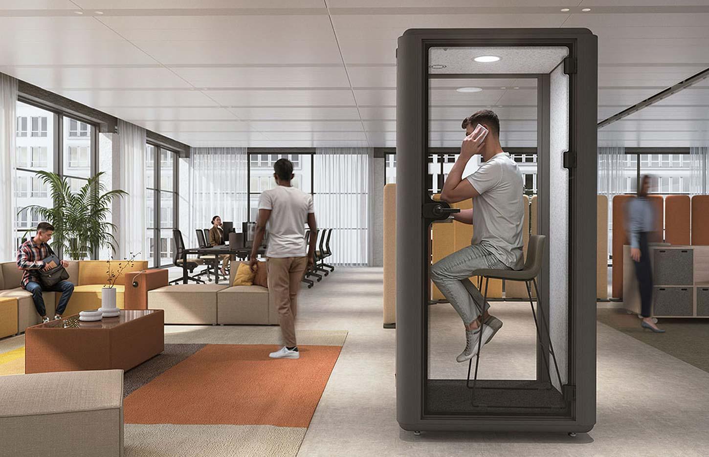 Cabine acoustique Tablium pour bureau avec isolation phonique et aménagement intérieur intégré