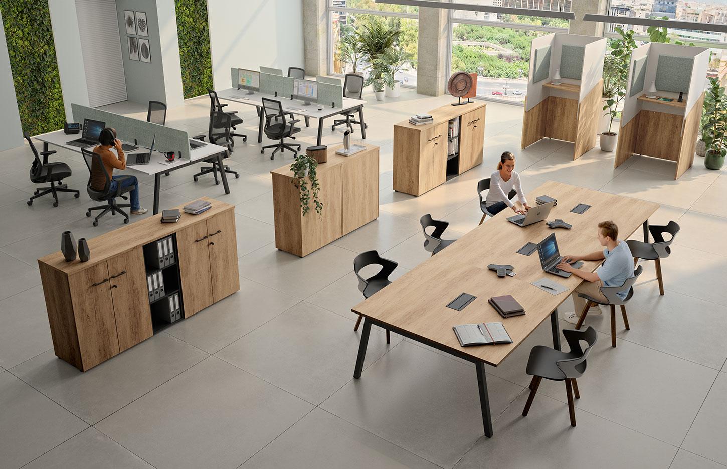Bureaux partagés pour open-space pieds trapèzes en métal, gamme Taconnaz open-space - France Bureau