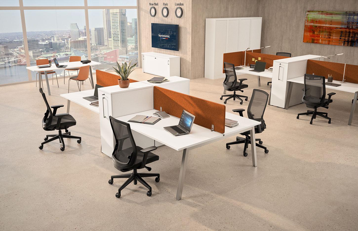 Bureaux partagés pour open-space pieds trapèzes en métal, gamme Taconnaz open-space - France Bureau