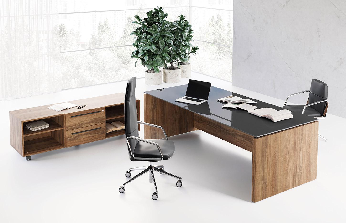 Bureau en verre avec plateau en bois ou verre, gamme Thorens Verre - France Bureau