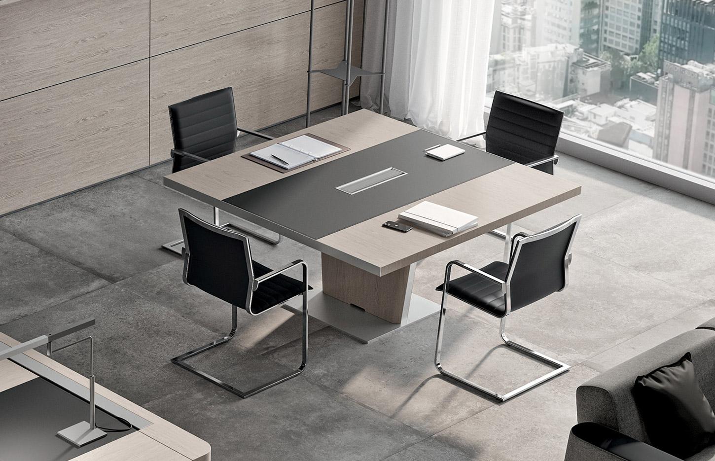 Table de réunion placage bois insert en cuir avec électrification, gamme Toblino réunion - France Bureau