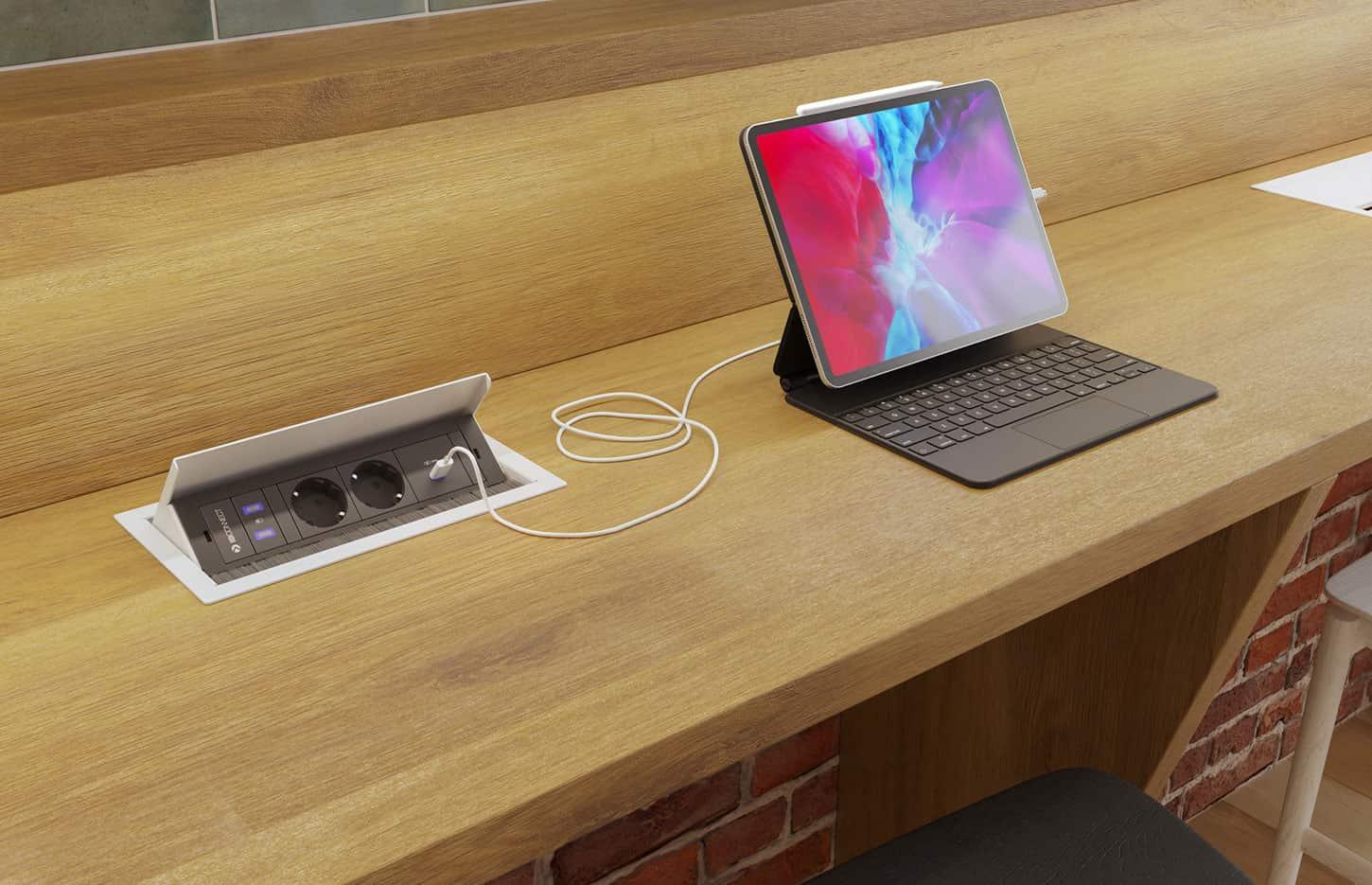 Trappe blanche électrifiée avec 2 prises courants et 1 prise USB type C - Gamme Top access électrifié - France Bureau	