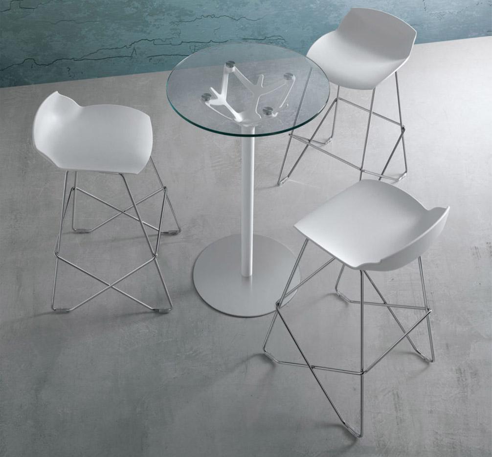 Table ronde 3 hauteurs avec plateau en verre Ø60cm et structure en acier blanc - Gamme Triolet Glass - France Bureau	