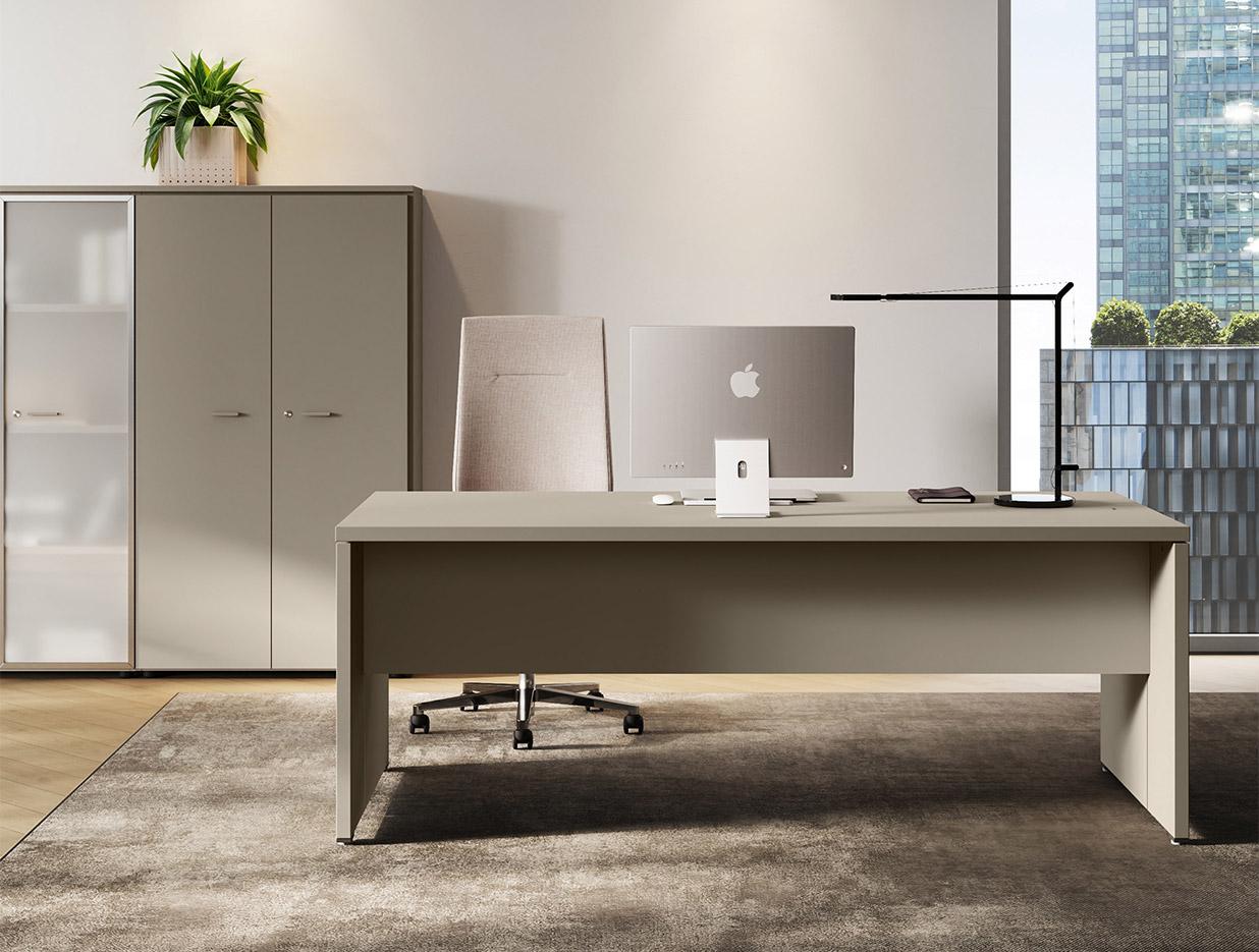 Bureau direction droit en mélaminé peuplier brun avec armoires rangements, gamme Vanoise Classic - France Bureau