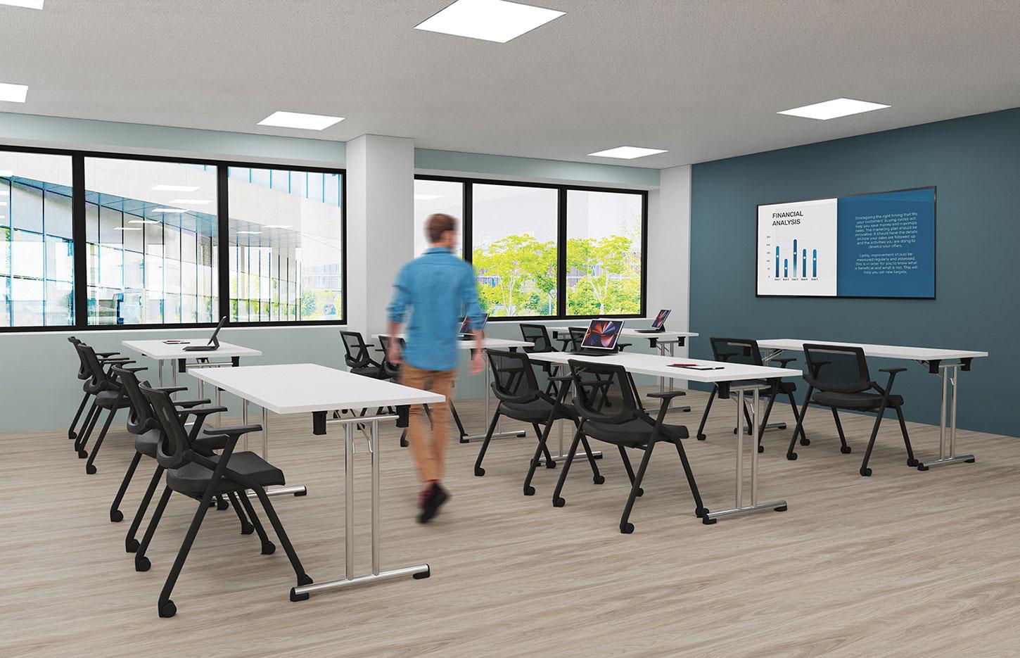 Chaise de formation pliante sur roulettes avec dossier résille noir et assise rembourrée - Gamme Vernier - France Bureau