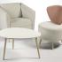Ensemble siège d\'accueil et fauteuil avec dossier en tissu gris beige et rose, 4 pieds en bois et table - gamme volta - france bureau