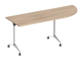 Table rabattable Maurici à plateau d'angle arrondi à droite, piétement en T sur roulettes