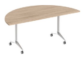 Table rabattable Maurici à plateau demi-lune, piétement en T sur roulettes
